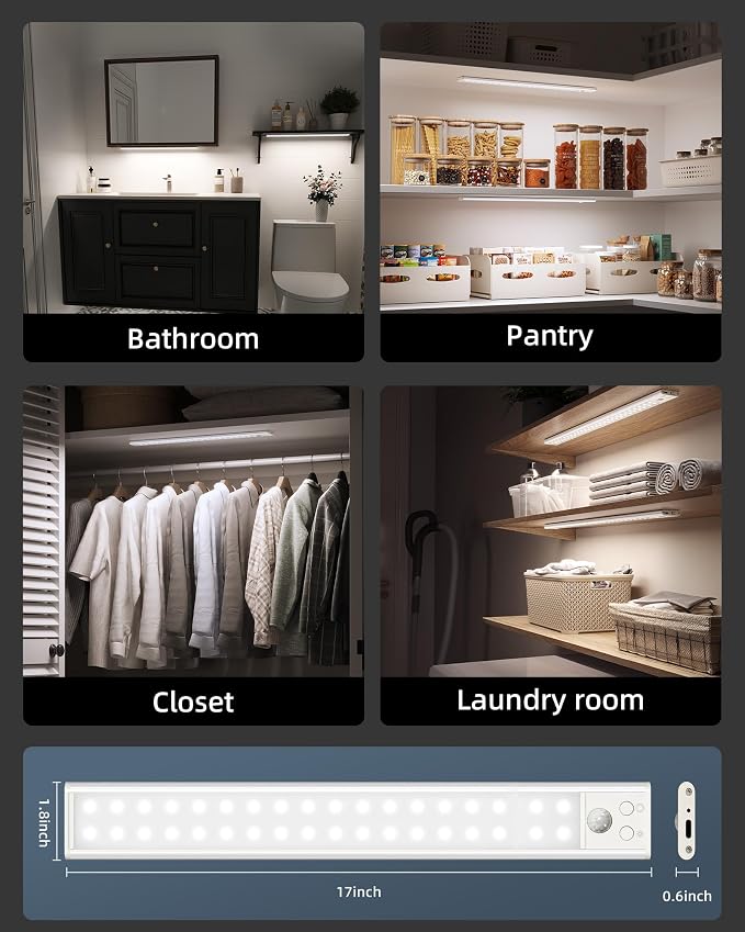 17" Under Cabinet Lights, Motion Sensor Light, Wireless Closet Lights, 3 Color - Image 7