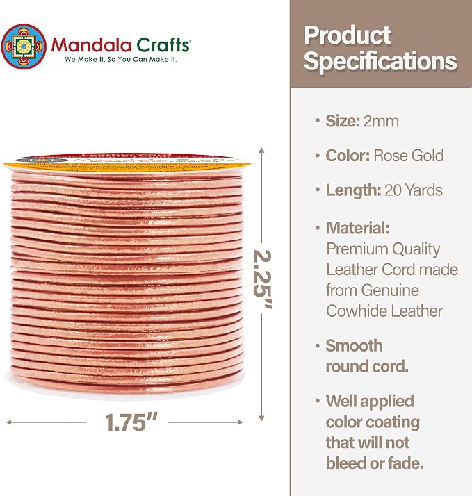 Mandala Crafts Round Genuine Rose Gold Leather Cord - Image 4