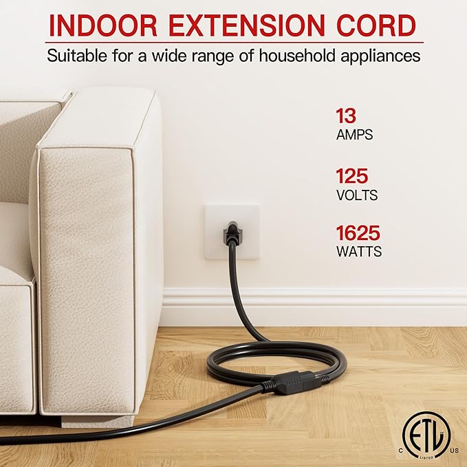 16/3 Short Extension Cord 10 FT 2 Pack, Indoor 3 Prong Power Cable, Suitable - Image 3