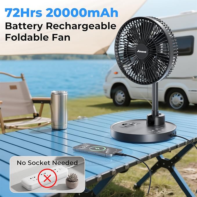 AMACOOL 10'' Foldable Oscillating Fan, 20000mAh Battery Operated - Image 2