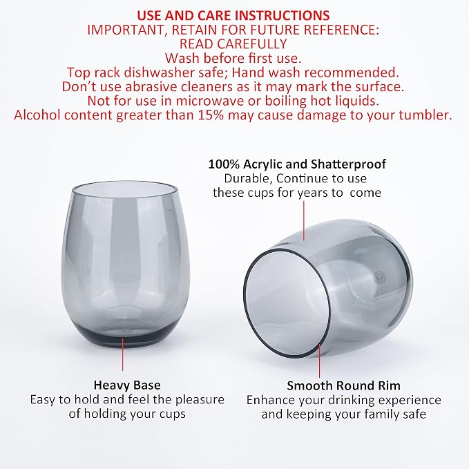 KOXIN-KARLU Classic 18-ounce Acrylic Stemless Wine Glasses, Unbreakable Mixed - Image 3