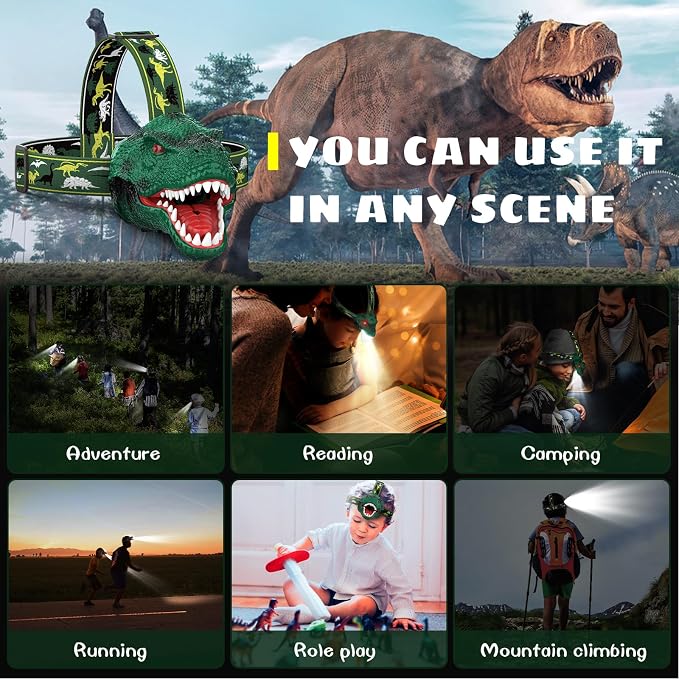 Dysaim Kids Headlamp, Rechargeable T-Rex Dinosaur Headlamp - Image 4