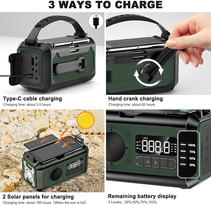 44400mWh/12000mAh Emergency Radio, Hand Crank Portable Solar Radio AM/FM/NOAA - Image 2