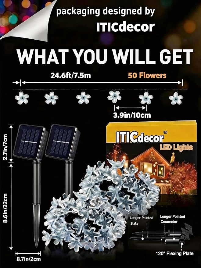 ITICdecor 2 Pack 50 LED Solar String Lights Outdoor Waterproof Flower Solar - Image 6