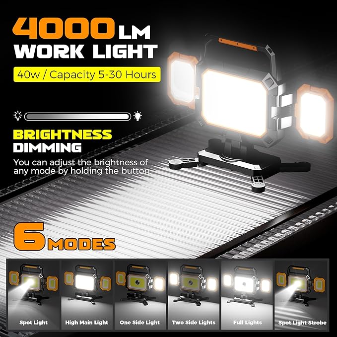 YZONI 40W Rechargeable Work Light, 4000LM Magnetic LED Work Light - Image 2