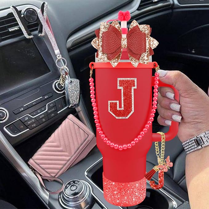 9PCS Red for Stanley Cup Accessories Set Bling Initials Bow Charms for Stanley - Image 6