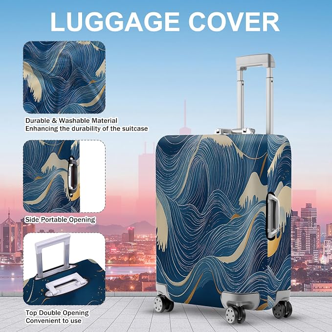 ANNA QUEEN Ocean Wave Luggage Cover, Elegant Blue Flow Line Design Suitcase - Image 3