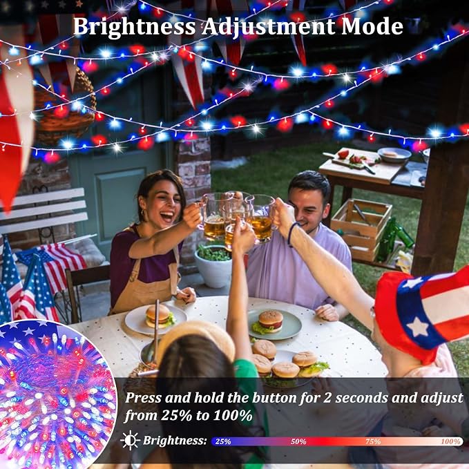 4th of July Red White and Blue Lights, Connectable 200 LED 66FT String Lights - Image 4