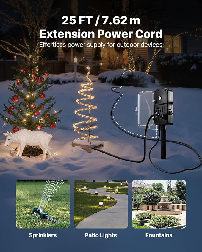 VEVOR Outdoor Power Stake Waterproof, 25 FT Extension Cord, Outdoor Power Strip - Image 3
