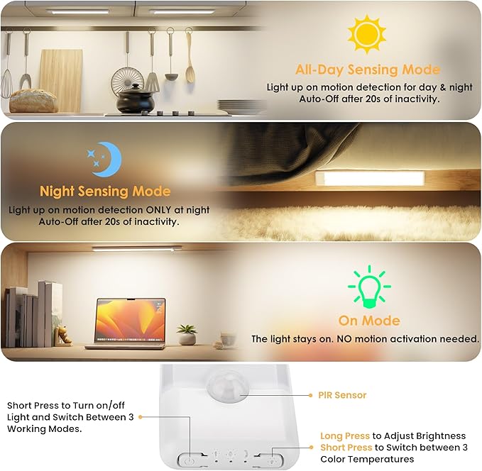 5-Pack Motion Sensor Under Cabinet Light, 3 Color Temperature Dimmable - Image 3