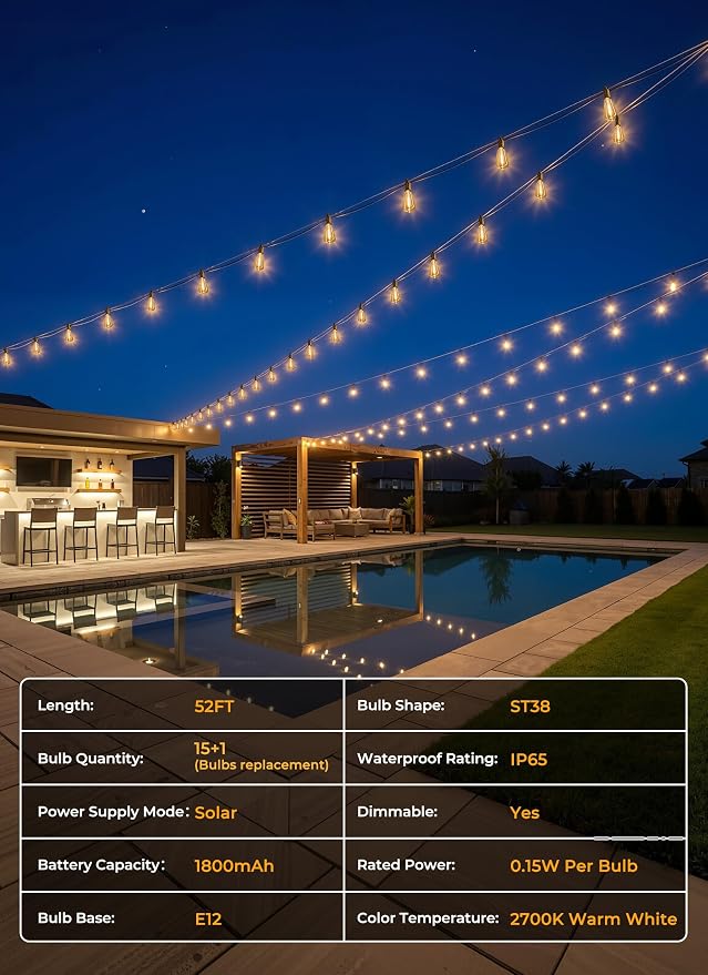 Brightown 52FT Solar String Lights Outdoor Waterproof, Patio Lights - Image 7