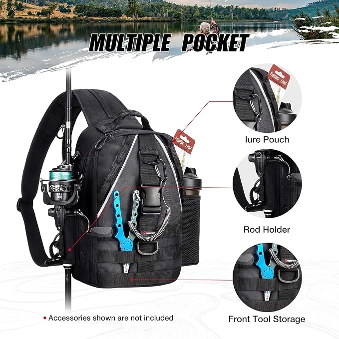 Piscifun Fishing Backpack with Rod Holder, Lightweight Sling Bag Storge Gear - Image 4