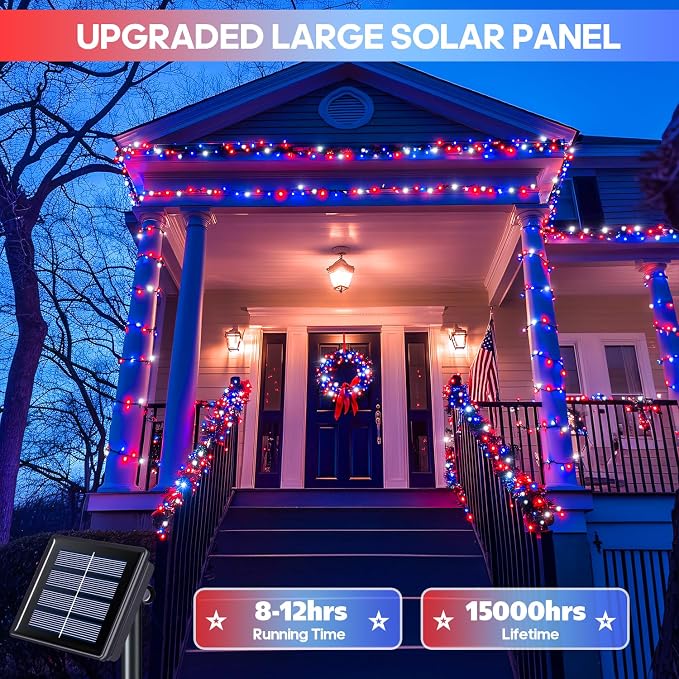 JMEXSUSS 2 Pack Red White and Blue Solar Lights, 200LED 75.5ft Patriot Solar - Image 7