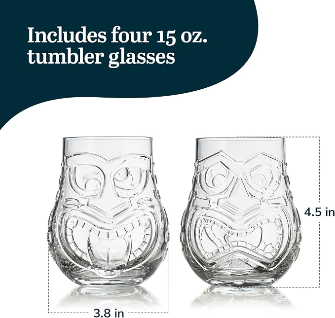 Libbey Tiki Split Glass Tumbler Set, Vintage-Style Quirky Drinking Glasses Set - Image 3
