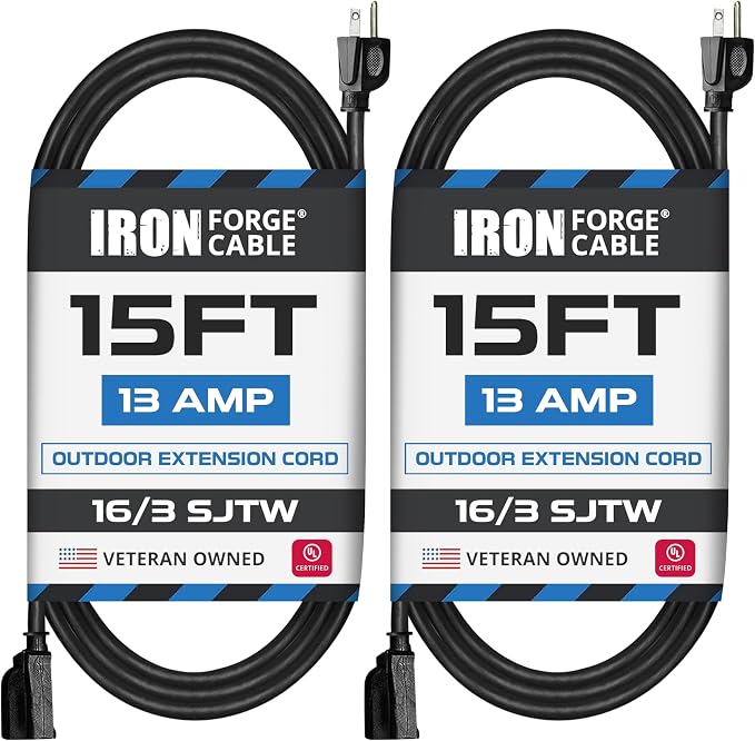 Iron Forge Cable 2 Pack 15 Ft Black Extension Cord, 15 Foot Extension Cord by IronForgeCable