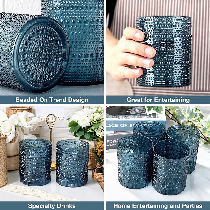 YOUBET 24PCS Plastic Hobnail Drinking Glasses - 14 Oz Blue Vintage Glasses - Image 5