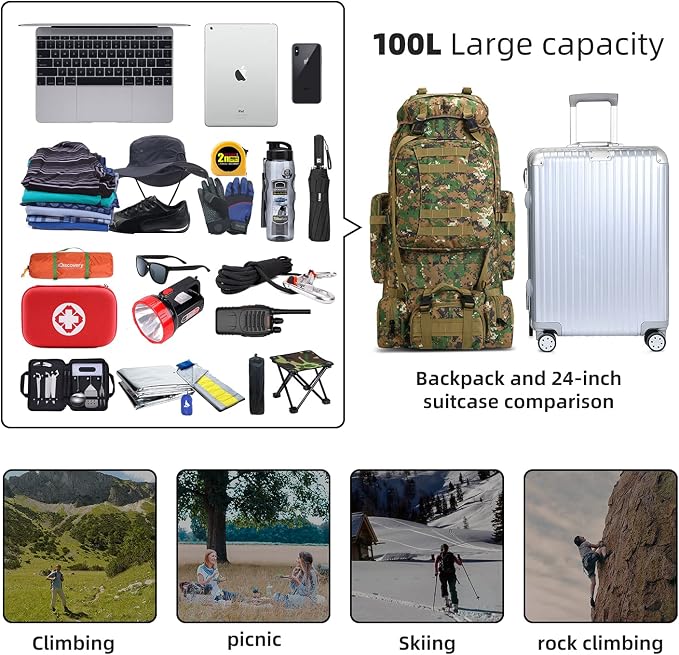 100L Camping Hiking Backpack, Molle military Tactical rucksack backpack - Image 6