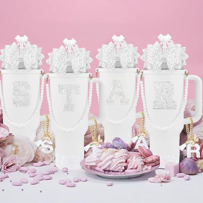 9PCS White for Stanley Cup Accessories Set Bling Initials Bow Charms for - Image 7