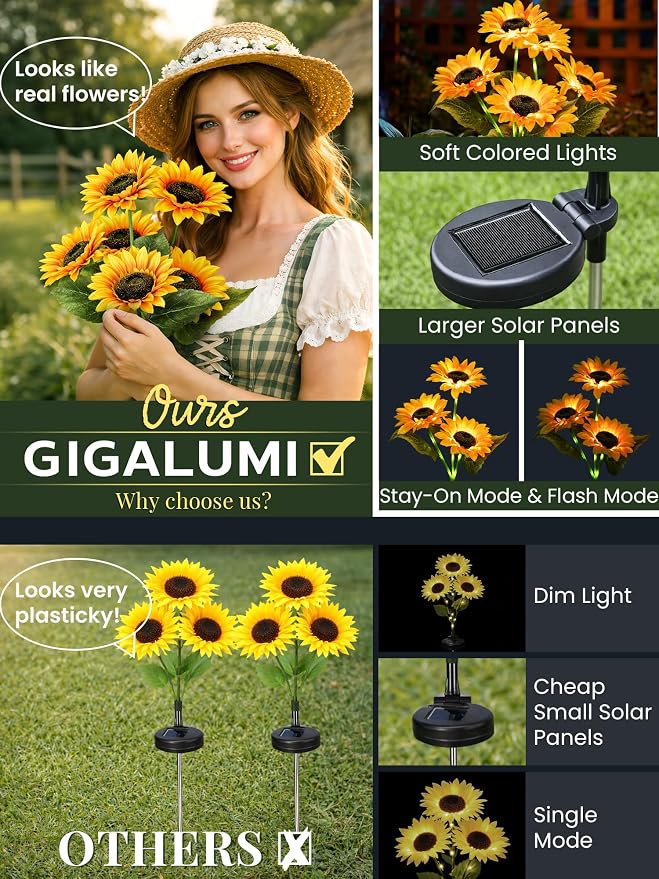 GIGALUMI Solar Garden Lights Artificial Sunflowers, LED Garden Decor Carefree - Image 4