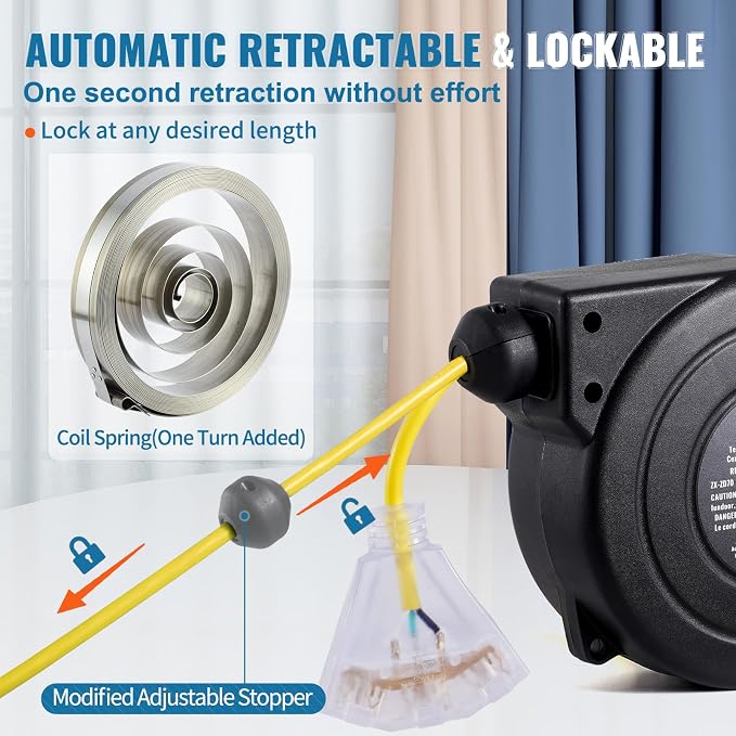 VEVOR Retractable Extension Cord Reel, 30 FT, Heavy Duty 16AWG/3C SJTOW - Image 5