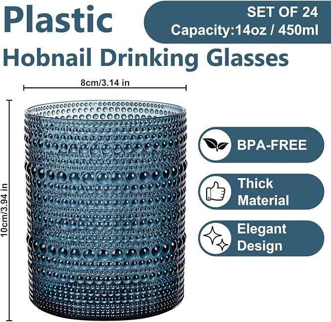 YOUBET 24PCS Plastic Hobnail Drinking Glasses - 14 Oz Blue Vintage Glasses - Image 3