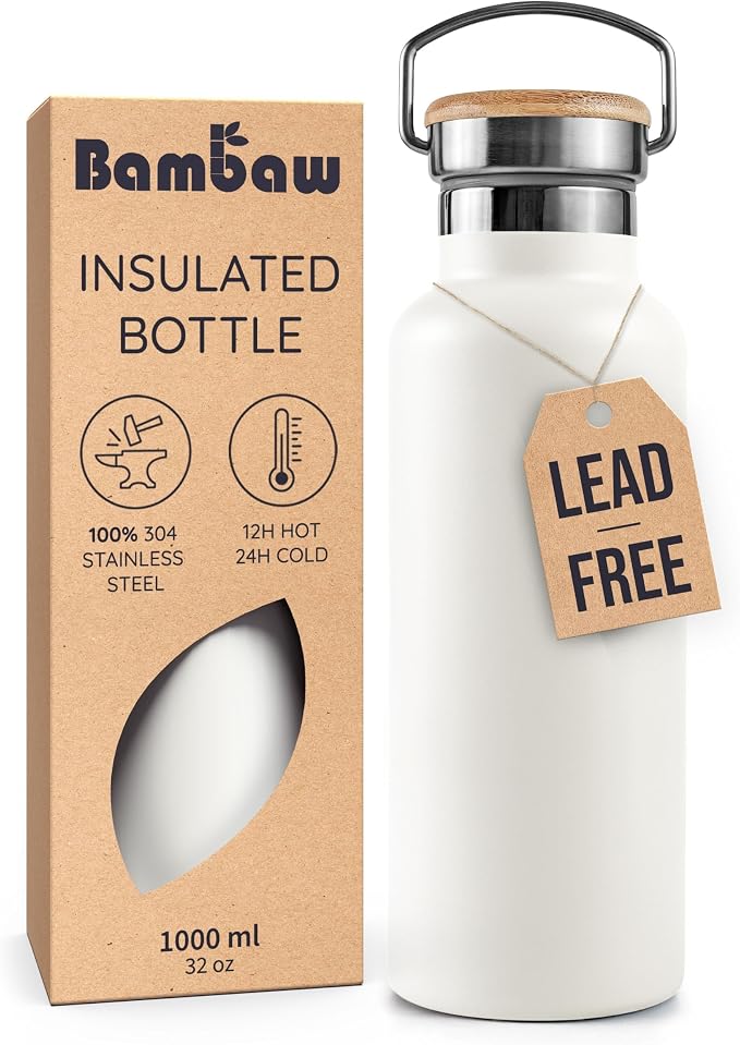 Bambaw Insulated Metal Water Bottle 32 oz, Double Wall 32 oz Water Bottle by Bambaw