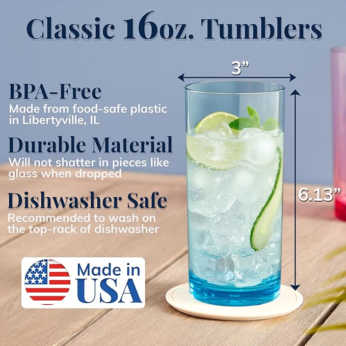 US Acrylic Classic Plastic Reusable Drinking Glasses 16oz Water Cups Assorted - Image 2