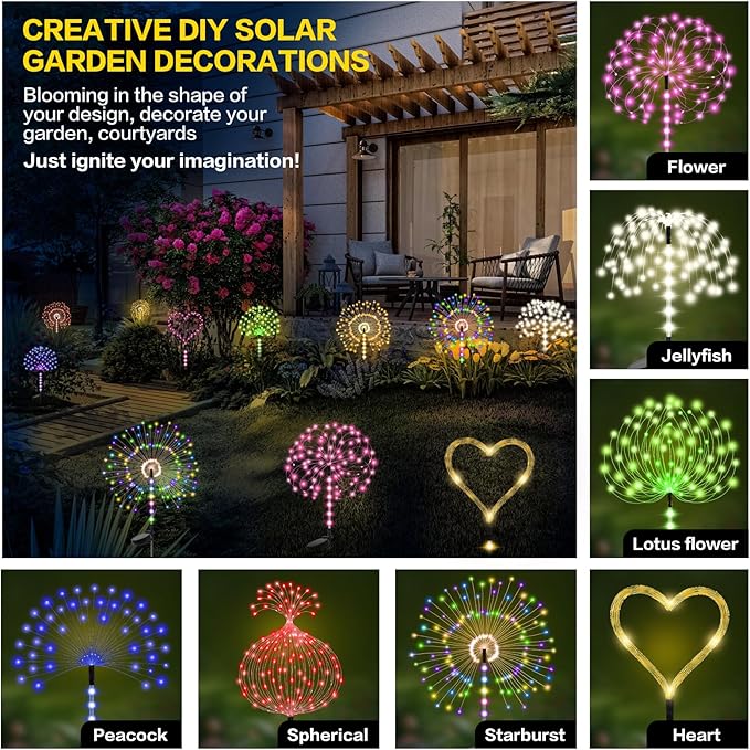 2 Pack 250LED Solar Garden Lights Outdoor, Dual Lighting Modes Firework Lights - Image 7