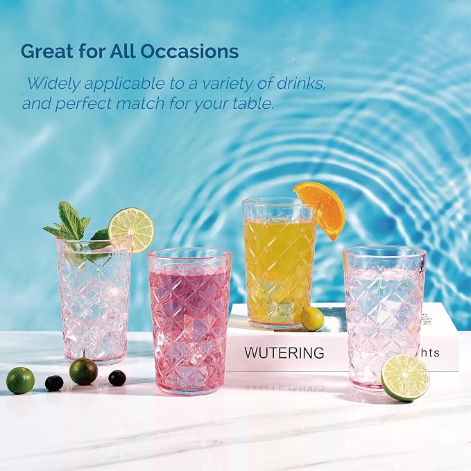 Drinking Highball Glasses Set of 4, Vintage Cross Hatch Glass Cups, 15.5oz Tall - Image 5
