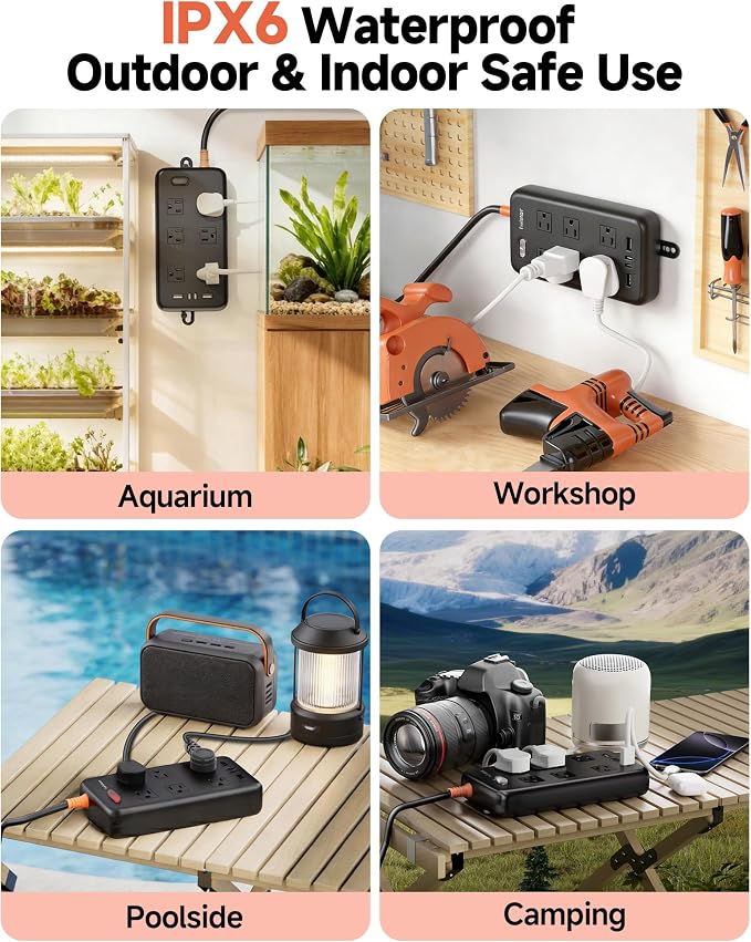 Outdoor Power Strip Waterproof IPX6, 6 Ft Extension Cord, 6 Wide Outlets & 4 - Image 7