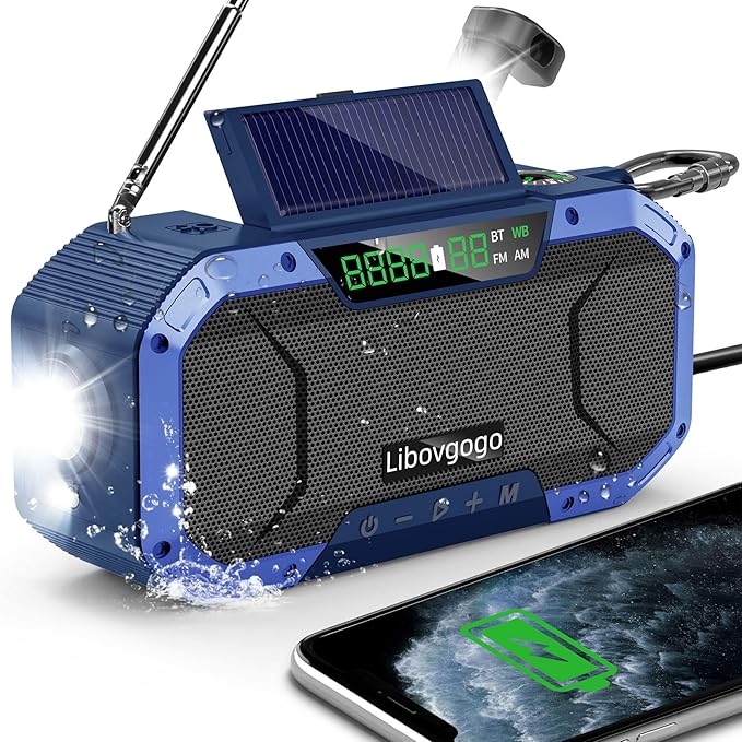 Bluetooth Hand Crank Emergency Solar Powered Radio, Waterproof Portable NOAA by Libovgogo