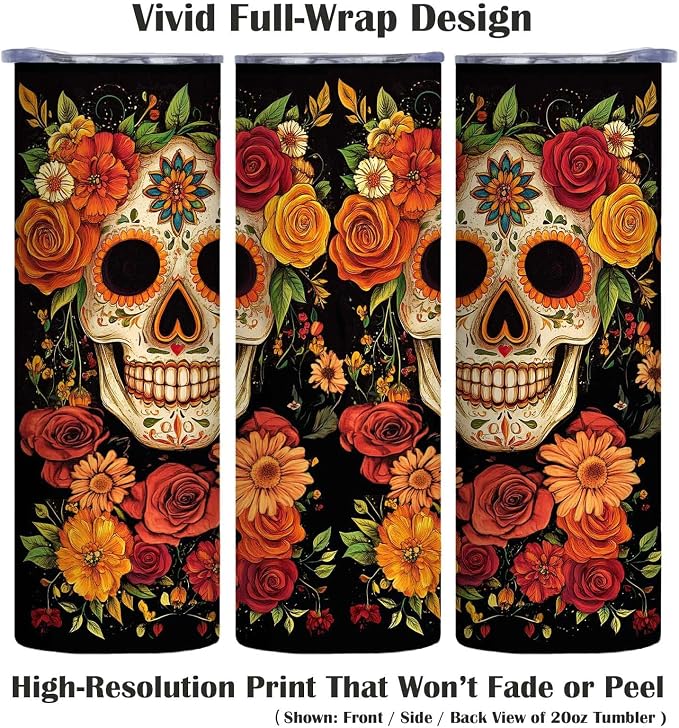 Firmiso 20 oz Tumbler｜Skinny Insulated Travel Mug｜Sugar Skull Floral Design - Image 2
