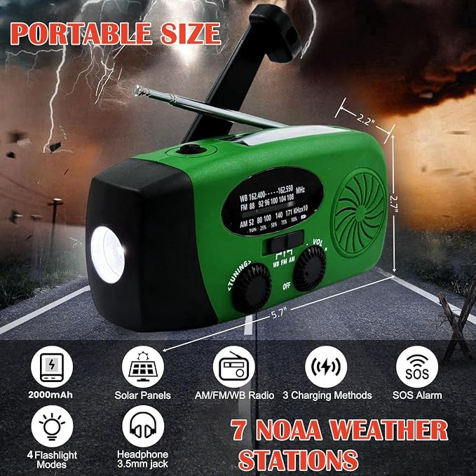 2000mAh Weather Emergency Radio, Portable Solar AM/FM/NOAA Hand Crank Radio - Image 5