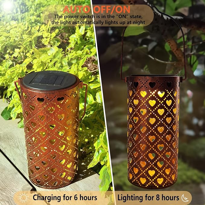 2 Pack Solar Lanterns Outdoor Hanging Heart Pattern Decor Lantern, Waterproof - Image 5