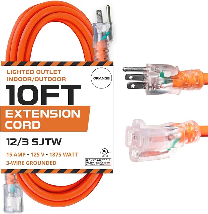 Iron Forge Cable 12 Gauge Extension Cord 10 ft, 12/3 SJTW 10 Foot Heavy Duty by IronForgeCable