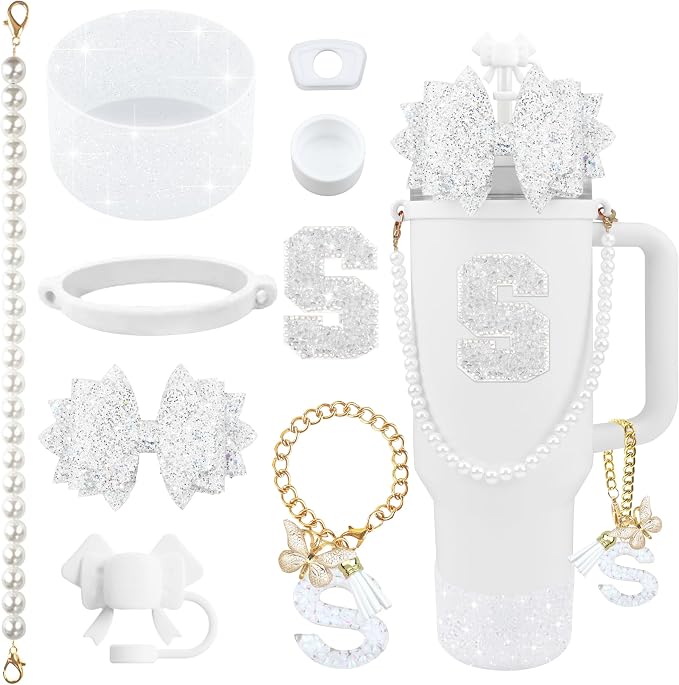 9PCS White for Stanley Cup Accessories Set Bling Initials Bow Charms for by Unknown