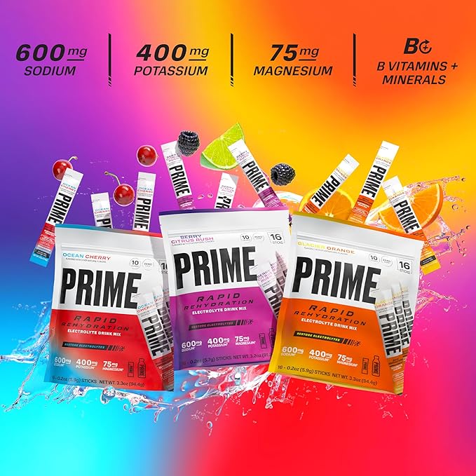 PRIME Rapid Rehydration Electrolyte Powder Sticks, Berry Citrus Rush, Sugar - Image 4