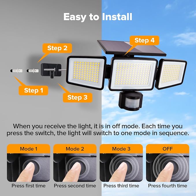 UME Solar Outdoor Lights 302 LED 3000LM, IP65 Waterproof Motion Sensor Outdoor - Image 6