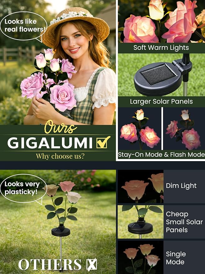 GIGALUMI Solar Lights Outdoor for Garden Decor, 3 Pack Solar Flower Lights - Image 2
