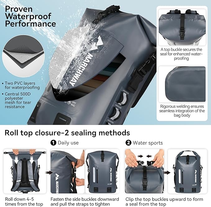 MARCHWAY Roll Top Waterproof Backpack, Floating Dry Bag 20L/30L/45L - Image 4