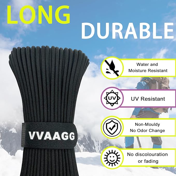 VVAAGG 1000 Black Paracord Rope 100FT Utility Nylon Heavy Duty 12 Strand - Image 4