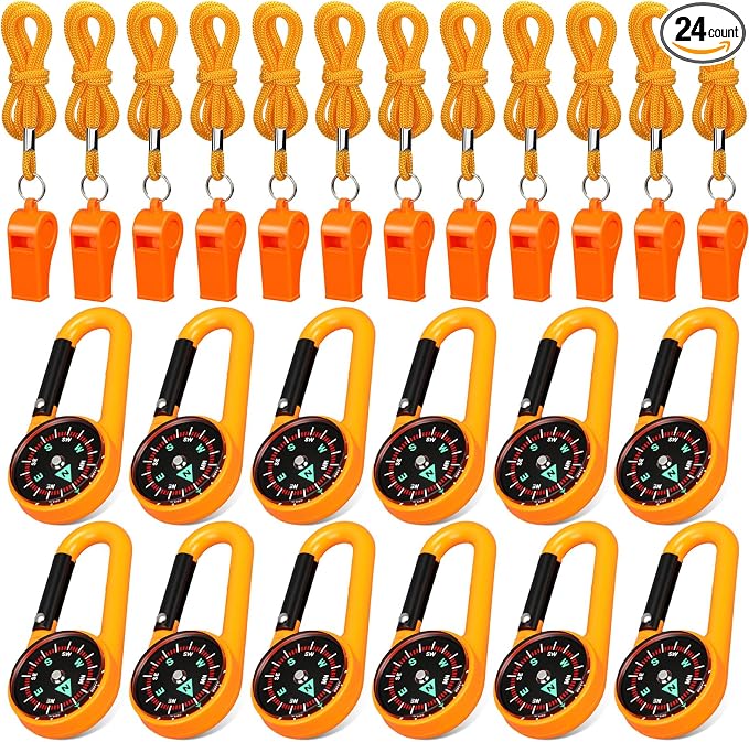 Honoson 24 Pcs Emergency Whistle and Compass Kit, 12 Survival Whistle by Honoson