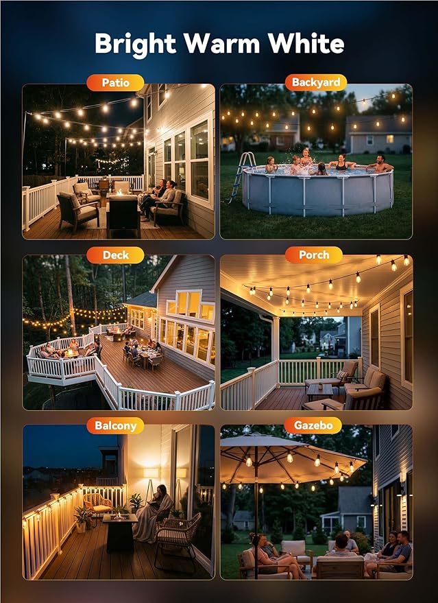 Minetom 31FT Outdoor String LED Patio Lights Waterproof, 9 Shatterproof S14 - Image 6