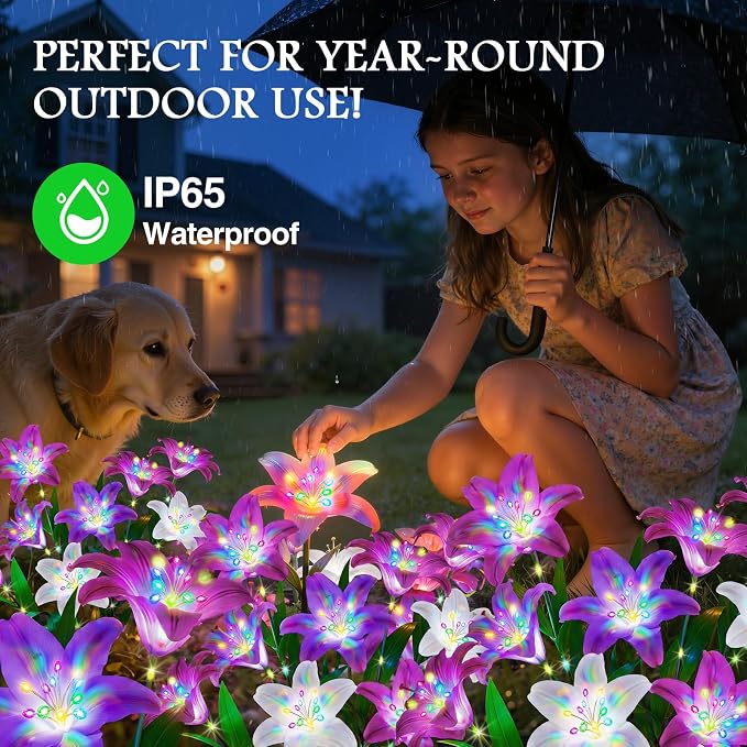 Upgrade Solar Lights Outdoor Garden Decor: 2 Pack Solar Lily Flowers, 10 - Image 3