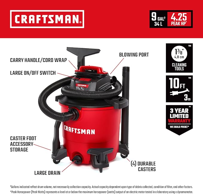 CRAFTSMAN CMXEVBE17590 9 Gallon 4.25 Peak HP Wet Dry Vac, Portable Shop Vacuum - Image 2