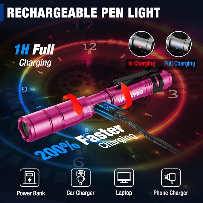 WORKPRO Rechargeable Pen Light, Mini Flashlight, 2 Pack Ultra-Compact EDC - Image 3