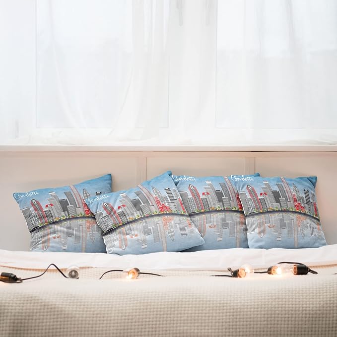 Ambesonne North Carolina Throw Pillow Cushion Case Pack of 4, Charlotte Skyline - Image 6