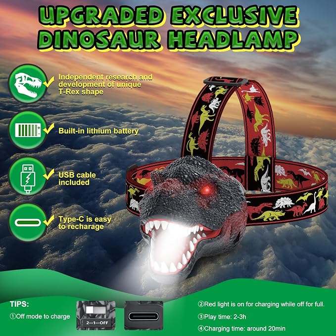Nitigo Dinosaur Headlamp for Kids Flashlight Rechargeable Led Headlights Roar & - Image 7