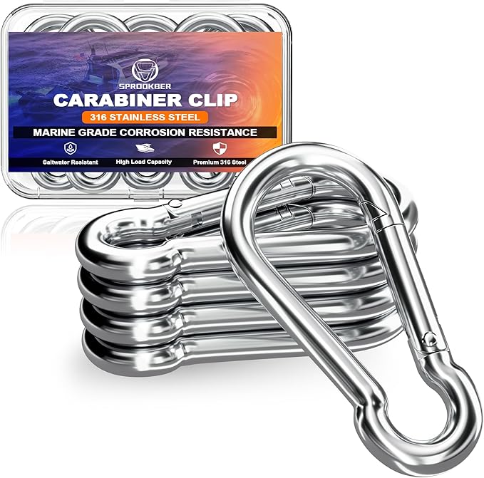 sprookber 316 Stainless Steel Carabiner Clip, Marine Grade Heavy Duty Spring by Sprookber