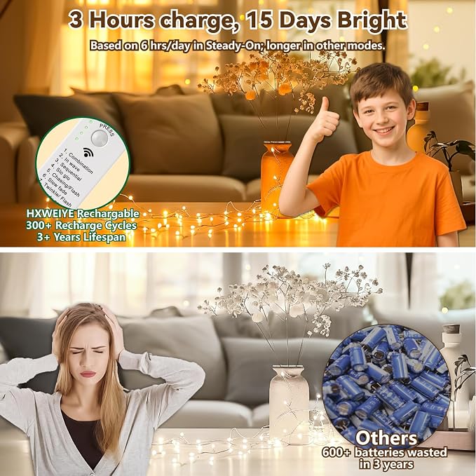 HXWEIYE Rechargeable Fairy Lights Battery Operated, DIY Timer & 8 Modes - Image 3